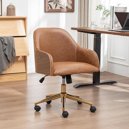 Genuine Leather Office Desk Chair, Adjustable Height Small Modern Comfortable Walnut Vanity Chair, Gold Legs Mid Back 360 Swivel for Home Office, Bedroom, Study, Meeting Room(Vintage Brown)