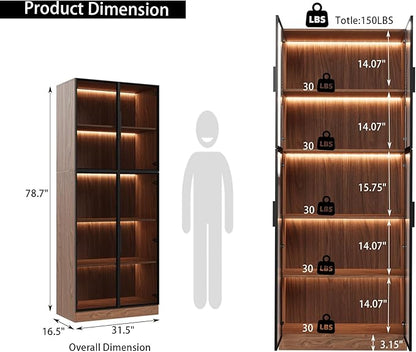 78.7" Display Cabinet with 4 Glass Doors, 5 -Tier Storage Cabinet with LED Lights, Tall Walnut Bookcase with Storage, Wooden Display Case for Collectible, Living Room, Office (Walnut)