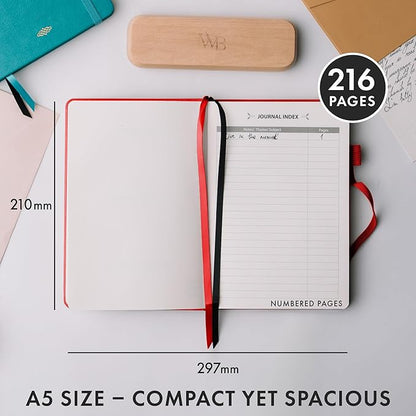 Wordsworth & Black A5 Lined Journal 216 Lined Pages, Hardcover Leather, 120 GSM Paper, Journaling Notebook for Work & Sketching, Journals for Women, Men - Gifts Box Included Red