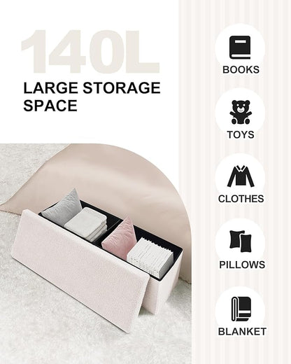 B FSOBEIIALEO Small Storage Ottoman Cube Sherpa Ottomans Foot Rest, Foldable Boucle Ottoman Bench, Faux Teddy Fur, Cream White 43.3"x15"x15"
