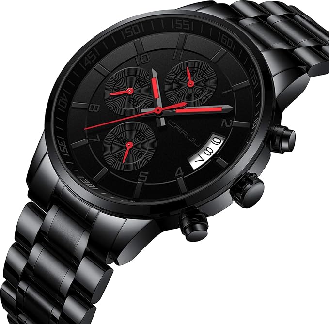 CRRJU Men's Fashion Stainless Steel Watches Date Waterproof Chronograph Wristwatches,Black Steel Band Waterproof Quartz Watch for Men
