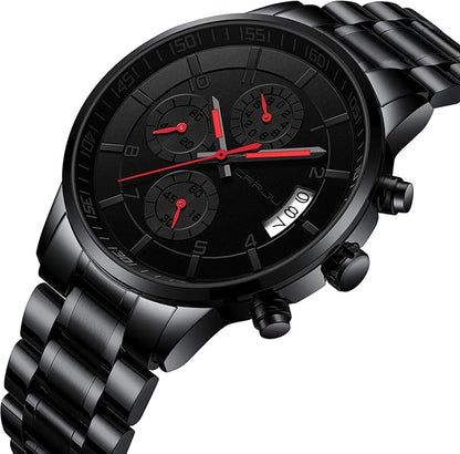 CRRJU Men's Fashion Stainless Steel Watches Date Waterproof Chronograph Wristwatches,Black Steel Band Waterproof Quartz Watch for Men