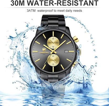 GOLDEN HOUR Fashion Business Mens Watches with Stainless Steel Waterproof Chronograph Quartz Watch for Men, Auto Date