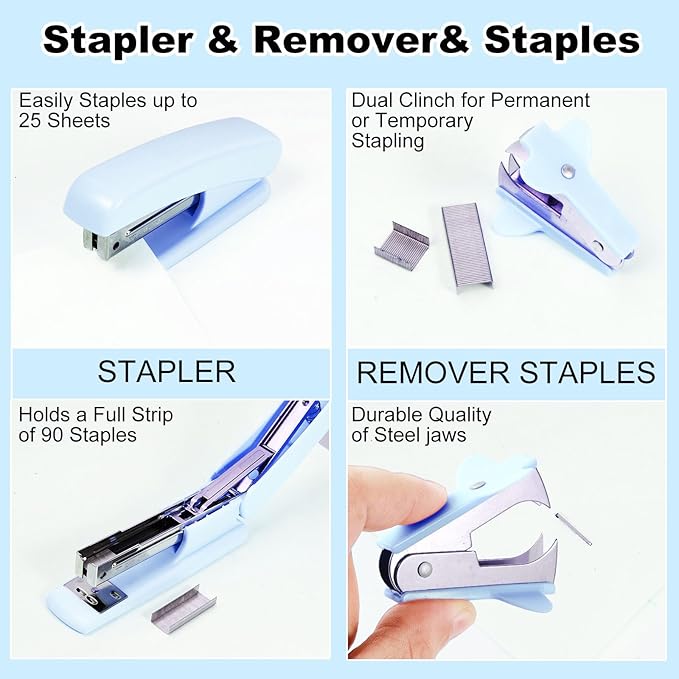 Desk Organizers and Accessories Set with 360-Degree Rotating Pen Holder, Tape Dispenser, Stapler, Staple Remover, 1000 Staples, Tape, Clips Set, Ruler, Scissor, Pen (Blue, 10 Pcs Set)