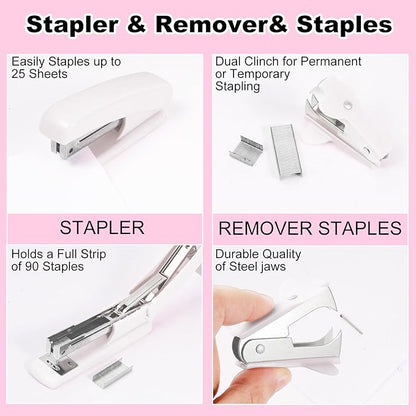 Desk Organizers and Accessories Set with 360-Degree Rotating Pen Holder, Tape Dispenser, Stapler, Staple Remover, 1000 Staples, Tape, Clips Set, Ruler, Scissor, Pen (White, 10 Pcs Set)