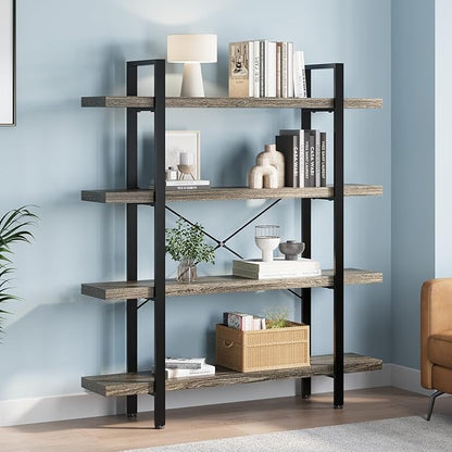 FURSUN Heavy Duty 4 Tier Bookcase, 55-in Tall Industrial Modern Large Bookshelf, Wood Farmhouse Bookcases Book Shelves and Metal Frame for Office, Bedroom, Living Room, Grey