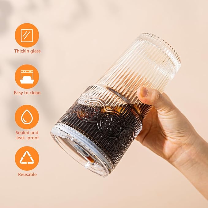 20oz Ribbed & Floral Glass Tumbler Set of 2 – Reusable Glass Cups with Lid and Glass Straw, Iced Coffee Cups for Water, Smoothie, Milk, Cocktail & More – Perfect for Daily Use & Travel