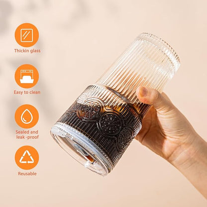 20oz Ribbed & Floral Glass Tumbler Set of 2 – Reusable Glass Cups with Lid and Glass Straw, Iced Coffee Cups for Water, Smoothie, Milk, Cocktail & More – Perfect for Daily Use & Travel