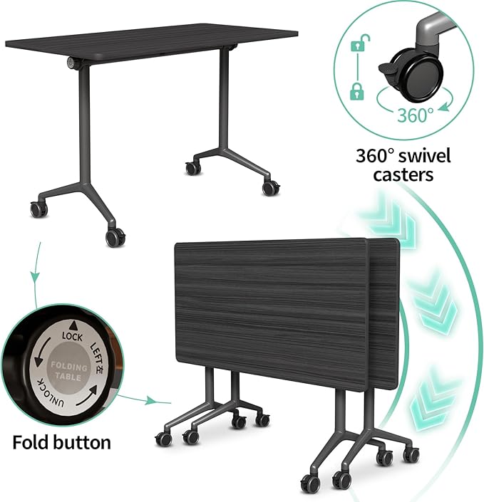 Conference Room Table, 55 Inch Folding Conference Tables with Wheels, Modern Office Meeting Table, Easy Flip & Nest Design, Rectangular Seminar Tables with Metal Frame for 2-24 People (N, 8PCS)