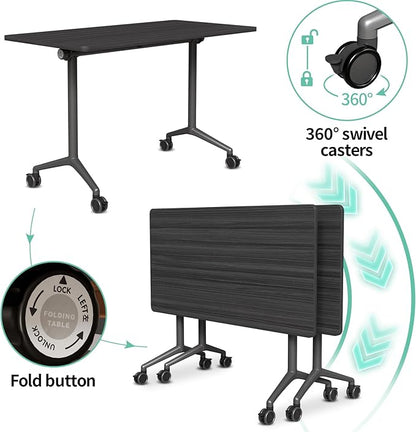 Conference Room Table, 55 Inch Folding Conference Tables with Wheels, Modern Office Meeting Table, Easy Flip & Nest Design, Rectangular Seminar Tables with Metal Frame for 2-24 People (N, 8PCS)