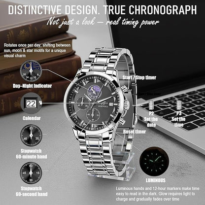 Distinctive Mens Analog Chronograph Watches with Auto Date & Multi Subdials, Fashion Casual Sport Quartz Wrist Watches with Luminous, 3ATM Waterproof, Valentines Day Gifts for Him, Boyfriend, Husband, Dad