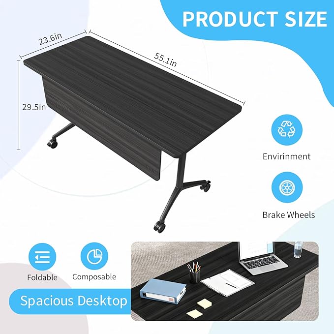 Conference Table, Folding Conference Room Tables on Wheels, Modern Meeting Seminar Table Computer Desk, Boardroom Desk for Office Meeting Conference Room,White (4, 1915D, 55.1)