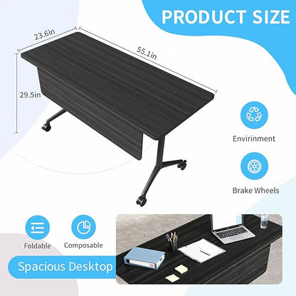 Conference Table, Folding Conference Room Tables on Wheels, Modern Meeting Seminar Table Computer Desk, Boardroom Desk for Office Meeting Conference Room,White (4, 1915D, 55.1)