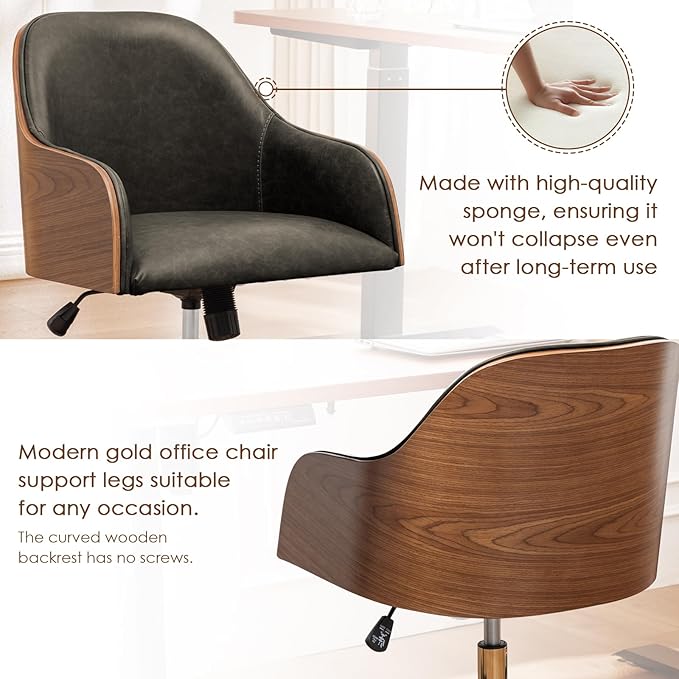 Genuine Leather Office Desk Chair, Adjustable Height Small Modern Comfortable Walnut Vanity Chair, Gold Legs Mid Back 360 Swivel for Home Office, Bedroom, Study, Meeting Room(Olive Green)