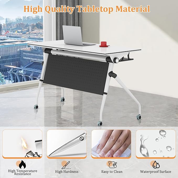 Folding Conference Table,Rolling Meeting Table for Conference Room,Flip Top Mobile Trainning Tables with Wheels,Foldable Conference Room Tables,Rectangle Meeting Seminar Table for Office (8, 53.1in