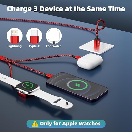 Multi Charging Cable for iWatch Charger, 3 in 1 Charging Cable USB Multiple Charger Cord for iWatch Ultra/SE/10-1, iPhone17-8, iPad, Android, Car, Cruise Essentials - 3Pcs 5FT