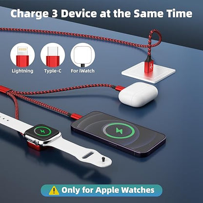 Multi Charging Cable for iWatch Charger, 3 in 1 Charging Cable USB Multiple Charger Cord for iWatch Ultra/SE/10-1, iPhone17-8, iPad, Android, Car, Cruise Essentials - 3Pcs 5FT
