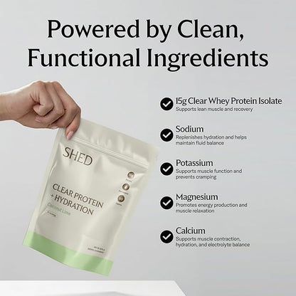 Clear Protein Powder with Electrolytes by Shed, 15g Whey Protein Isolate, Low Calorie and Lactose Free, Light and Clean Hydration Drink, Bloat-Free Post Workout Supplement, Coconut Lime (15 Servings)