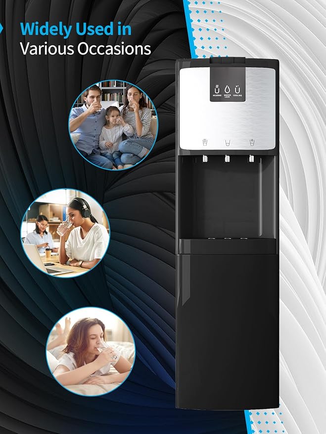 TABU Bottom Loading Water Cooler Dispenser with 3 Temperature Settings of Hot, Cold, Room Water, 3 or 5 Gallon Water Dispenser with Anti-Scalding & Child Safety Lock, Stainless Steel