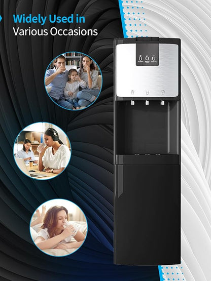 TABU Bottom Loading Water Cooler Dispenser with 3 Temperature Settings of Hot, Cold, Room Water, 3 or 5 Gallon Water Dispenser with Anti-Scalding & Child Safety Lock, Stainless Steel