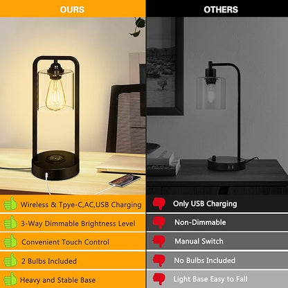 Wireless Charging Table Lamp for Bedroom Set of 2, Touch Control Dimmable with Type C USB Ports & AC Outlet Bedside Nightstand Lamp, Glass Shade Industrial Desk Lamp for Home Office, Bulbs Included
