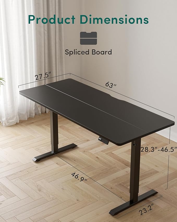 FEZIBO Standing Desk, 63×28 Inches Electric Height Adjustable, Sit Stand Up, Computer Office Desk with Splice Board, Black Frame/Black TOP
