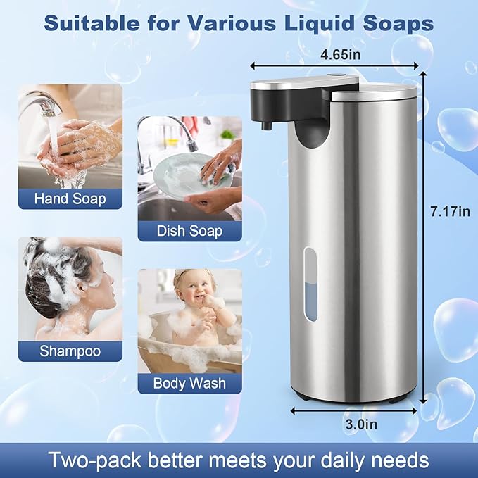 2 Pack Automatic Soap Dispenser Touchless, Stainless Steel Motion Sensor Pump 12oz - Hands-Free for Kitchen Bathroom Sink, Waterproof (Silver)
