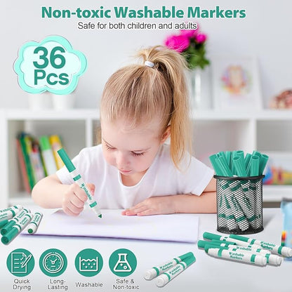 Janlaugh 36 Pcs Cyan Washable Markers Bulk Coloring Broad Line Markers for Kids Cyan Conical Tip drawing pen for School Supplies, travel Art baby shower gender reveal party Supplies, Ages 6+