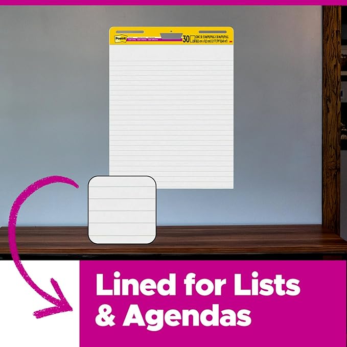Post-it Super Sticky Easel Pad, 25 x 30 Inches, 30 Sheets/Pad, 6 Pads (561WL VAD 6PK), Large White Lined Premium Self Stick Flip Chart Paper