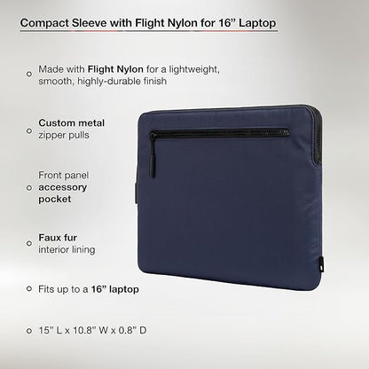 Incase Compact Laptop Sleeve with Flight Nylon - 16 Inch MacBook Pro and Laptop Case – Slim Computer Sleeve with Faux Fur Lining, Front Accessory Pocket with Zipper - Flight Navy