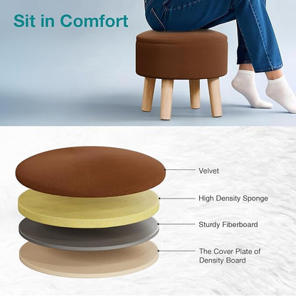 Poofzy Small Ottoman with Storage, Small Foot Stool Ottoman with Wood Legs, Velvet Foot Rest for Couch, Living Room and Bedroom - Brown