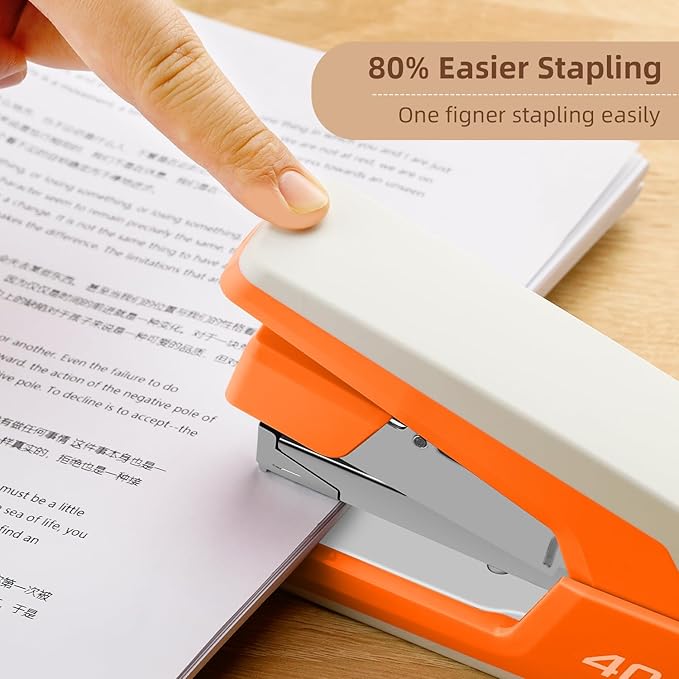 Deli Effortless Desktop Stapler, Heavy Duty Stapler, 40-50 Sheet Capacity, One Finger, No Effort, Includes 1500 Staples & Staple Remover, Orange