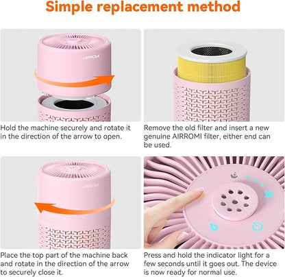AIRROMI Pets Air Purifier for Home Allergies,Up to 660 ft².Yellow Deodorizing Activated Carbon Filter,With Fragrance Sponge for Better Sleep,Night Light,Pet Dander,Smoke,Odors,Air Cleaner A2002 Pink