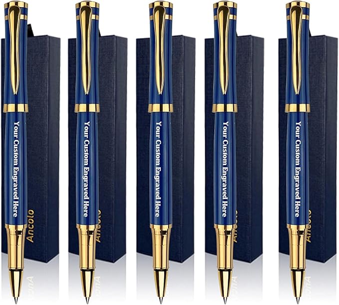 Ancolo Blue Ballpoint Pens - Modern, Classy, and Functional - Engraved with Your Message - Perfect for Groomsman, Wedding Party, Graduation, Christmas, Mother's Day