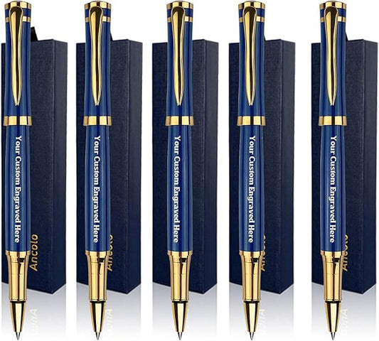 Ancolo Blue Ballpoint Pens - Modern, Classy, and Functional - Engraved with Your Message - Perfect for Groomsman, Wedding Party, Graduation, Christmas, Mother's Day