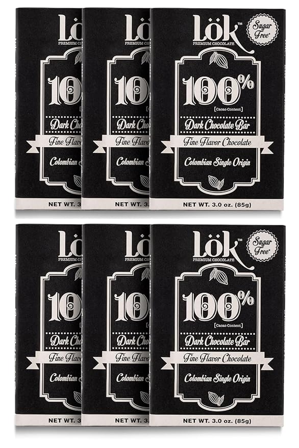 Lök Foods Dark Chocolate Bar 100% Cacao | Fair Trade, Kosher, Gluten Free, Vegan, Bean-to-Bar, Sugar-Free, No Sugar Alcohol, No Artificial Sweetener, Keto Friendly, Low-Carb, Paleo | 3.0 Ounce 6 Pack