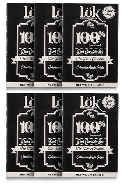 Lök Foods Dark Chocolate Bar 100% Cacao | Fair Trade, Kosher, Gluten Free, Vegan, Bean-to-Bar, Sugar-Free, No Sugar Alcohol, No Artificial Sweetener, Keto Friendly, Low-Carb, Paleo | 3.0 Ounce 6 Pack