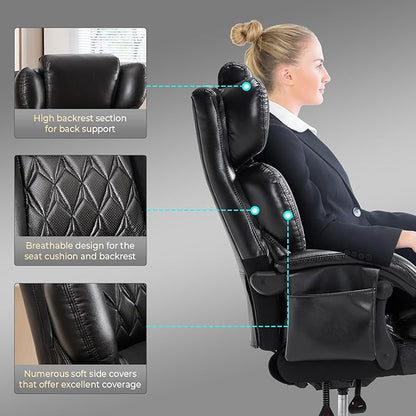 3-in-1 Massage Office Chair with Foot Rest 600LBS Big and Tall Office Chair with Massager and Heat for Heavy People, Reclining Executive Heavy Duty Office Chairs Desk Chairs Black