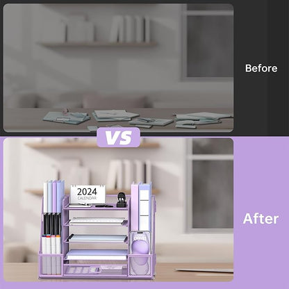 SUPEASY Mesh Desk Organizer with File Holder, 5-Tier Paper Letter Tray Organizer with Magazine Holder, Desktop Organizer and Storage with Drawer for Office Supplies Home or School, Purple