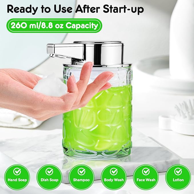 Automatic Touchless Soap Dispenser, Glass Sensor Hand Sanitizer Dispenser with 1800mAh Rechargeable Battery, Waterproof Design for Kitchen & Bathroom (Silver Foam Type)