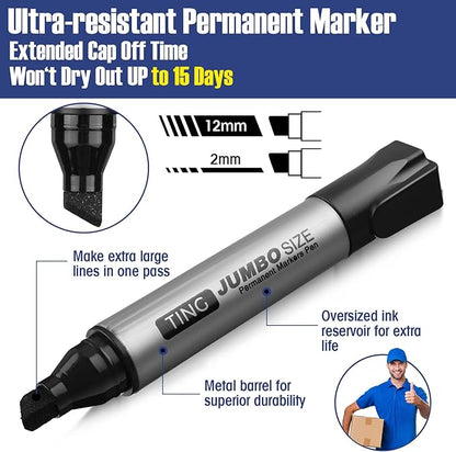 Fuutreo 10 Pack Jumbo Permanent Markers Bulk Large Chisel Tip Permanent Markers Quick Drying Waterproof Big Huge Poster Pens for Office, Logistics Company and More(Black)