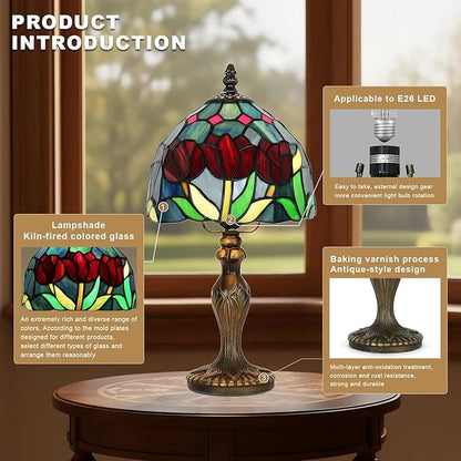 Stained Glass Lamp，Tulip Style Table Lamp，8 Inch Small Antique Lamp, for Bedside Nightstand Bedroom Living Room Home Office