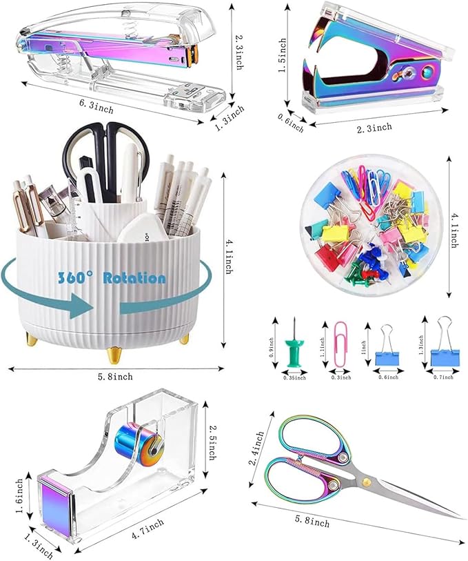 Desk Organizers and Accessories 7Pcs Set with 360-Degree Rotating Pen Holder, Acrylic Stapler, Tape Holder, Staple Remover, Binder/Paper Clips Kit, Scissor and 1 Box of Staples