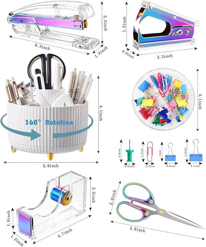Desk Organizers and Accessories 7Pcs Set with 360-Degree Rotating Pen Holder, Acrylic Stapler, Tape Holder, Staple Remover, Binder/Paper Clips Kit, Scissor and 1 Box of Staples