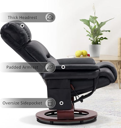 MCombo Swivel Recliners with Ottoman, Reclining TV Chairs with Vibration Massage, Faux Leather Ergonomic Lounge Chair for Living Room Bedroom 4832 (Black)