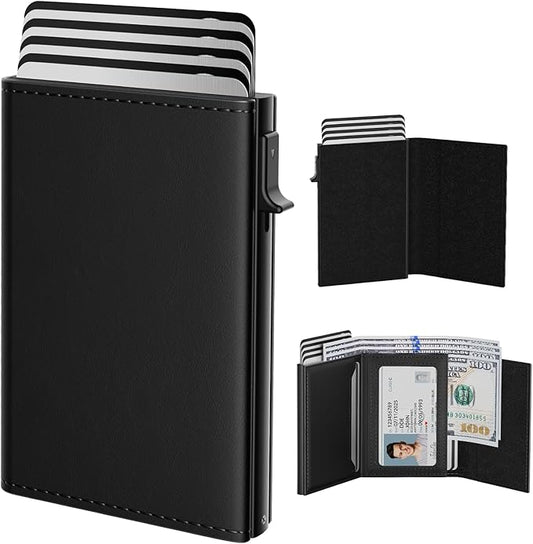 typecase Mens Wallet Card Holder: Pop Up Aluminum Case, Genuine Leather, Smart, RFID Blocking, Slim, Minimalist, Front Pocket - 9-14 Card Capacity | ID Window | Cash Slot (Deep Black)