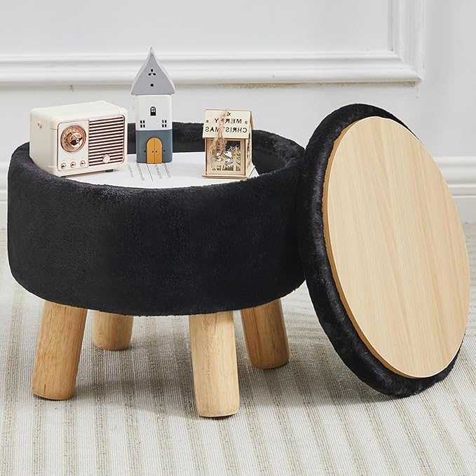 Small Foot Stool Ottoman with Storage, Faux Fur Ottoman Foot Rest for Couch, Round Footstool with Storage, Small Ottomans and Footstools for Living Room and Entryway (Black)