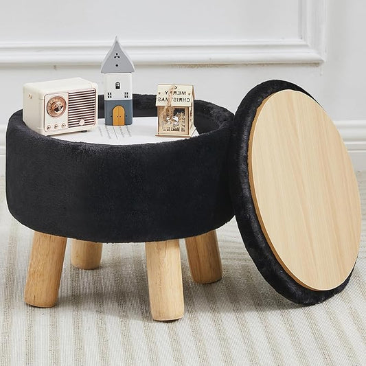 Small Foot Stool Ottoman with Storage, Faux Fur Ottoman Foot Rest for Couch, Round Footstool with Storage, Small Ottomans and Footstools for Living Room and Entryway (Black)
