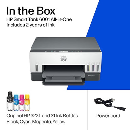HP Smart Tank 6001 Wireless All-in-One Ink Tank Printer, Scanner, Copier with 2 years of ink included, Best-for-home, Refillable, AI-enabled (2H0B9A)