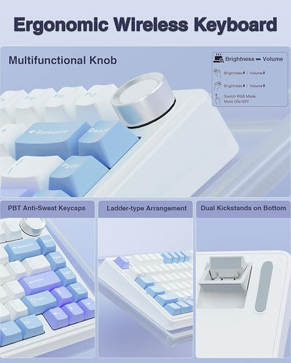 AULA F75 75% Wireless Mechanical Keyboard, Hot Swappable Creamy Keyboard, Pre-lubed Star Vector Switches RGB Backlit Gaming Keyboards, 2.4GHz/Type-C/BT5.0(White&Blue&Purple)